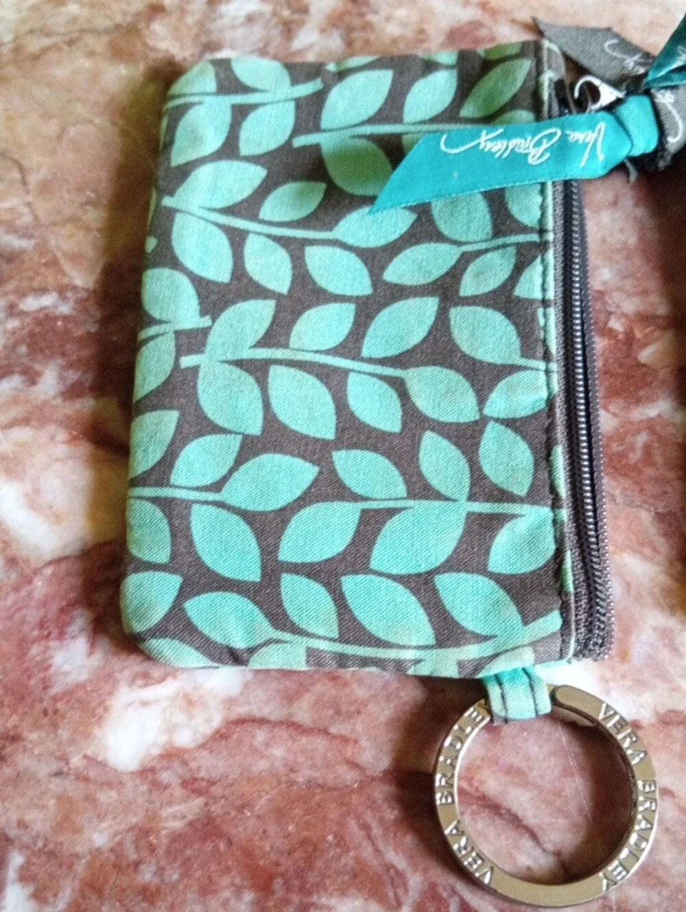 2#Vera Bradley Teal and Brown Patterned Zip Card Case with Key Ring Duo